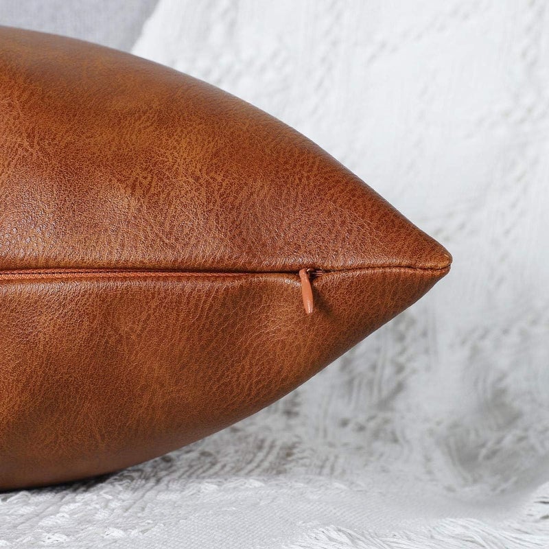 MANDIOO Set of 2 Faux Leather Decorative Throw Pillow Covers Modern Solid Outdoor Cushion Cases Luxury Pillowcases for Couch Sofa Bed 22x22 Inches Brown - Image 5